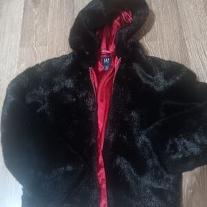 GAP Kids Black Faux Fur Jacket with Red Lining